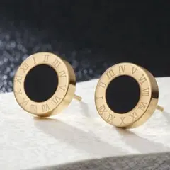 高級感 ステンレス刻印リングゴールド黒ピアス ブランド結婚式韓国メンズレディース