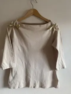 【INGEBORG】ベージュ 七分袖リボン付きカットソー　綿100%