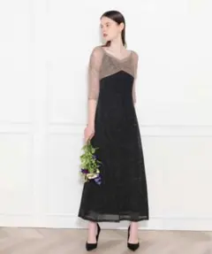 【LEJA】レース切替透けキラキラAラインロングドレスワンピース