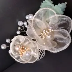 オーガンジーリボンベージュ花 ヘアークリップ