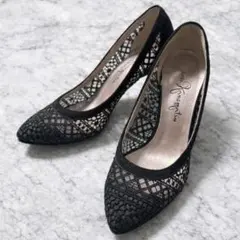 【美品】銀座カネマツ⭐︎ ポインテッドトゥ　レースパンプス　ブラック　23cm