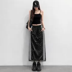 メゾンスペシャル スパンコールスカート ロング丈 サイドライン 黒 ウエストゴム