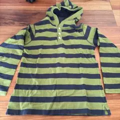 フード付き長袖カットソー 緑と黒のストライプ