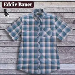 美品　Eddie Bauer 　青　白チェック　Lサイズ(XL相当）半袖シャツ