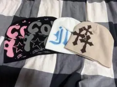 ストリート系 ニット帽 ビーニー 4点まとめ売り ロゴ 総柄 クロス柄 ブラック