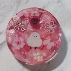 991.ピンクの花とシマエナガのレジンアクセサリー　アンティークチャーム