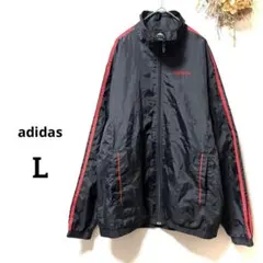 アディダス ナイロンジャケット 刺繍ロゴ ブラック×レッド L相当