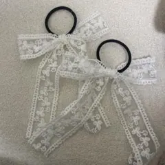 ホワイトレースリボンヘアゴム2個セット