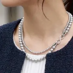 パール ２連 ネックレス 4way8mm 冠婚葬祭 セレモニー シルバー グレー