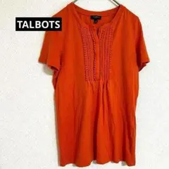 【タルボット】橙　半袖T オープンカラー　スキッパーシャツ風　レース　エスニック