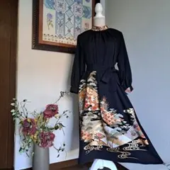 ★着物リメイク/黒留袖/ラグランスリーブ/ハイネックワンピ―ス/一品物 /正絹★