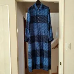 70s 当時物 昭和レトロ ワンピース 総柄 ブルー 幾何学模様 プリーツ 春物