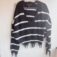 Poley & Esther 破損 條紋針織衫 【L】 黑 白 毛衣 龐克