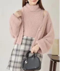 【Chico】フェザーカーディガン+ノースリタートルセット （pink）のサムネイル