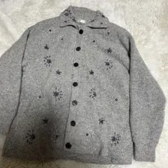 レディース　グレー刺繍　長袖ニット　カーディガン　裏地付き