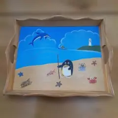 おぼん 持ち手付きトレー 手書き 海