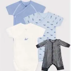プチバトーPETIT BATEAU くじら柄肌着 3枚ボーダー長袖ロンパース4点