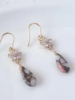 コッパーピンクオパールAAA×CZフラワーピアス/イヤリング　アレルギー対応
