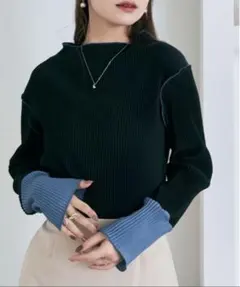 リブ編み長袖Tシャツ ネイビー×ライトブルー Mサイズ相当