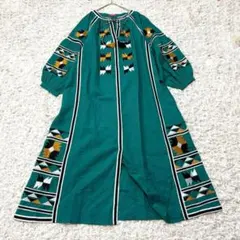 チャイハネ アミナ オルンテ刺繍ワンピース リネン混 グリーン 長袖 ロング