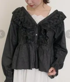 【未使用】Samansa Mos2 デニムスカラップ刺繍フリル2WAYブラウス