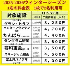 1枚で大人2名可リフト券割引券ハンタマグランヒラフたんばら勝山富士見斑尾他⑫