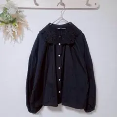 ザラ ZARA レース襟ブラウス 黒 L コットン ギャザー ゆったり　美品