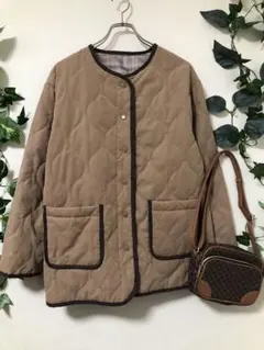 ノーカラー キルティングジャケット ベージュ Lサイズ ゆったり カジュアル