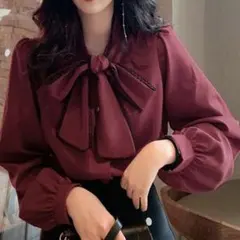 ボウタイブラウス リボンブラウス 赤 ワインレッド レディース 春服
