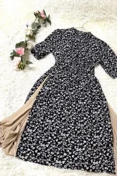 RAY CASSIN ロングワンピース フリーサイズ 花柄 プリーツ ブラック