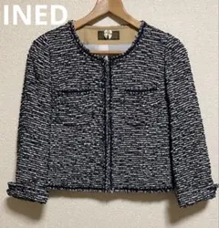 INEDイネド　ネイビー　ノーカラー　ツイードジャケット