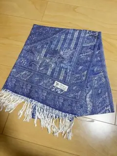 青系花柄ストール フリンジ付き