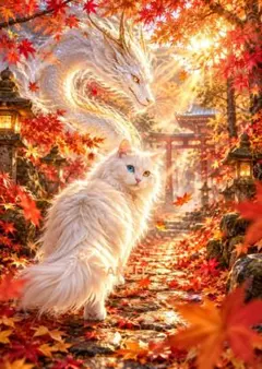 白猫 白龍神 A4 (2L) 開運アート 紅葉 秋 幻想 インテリア ⑬