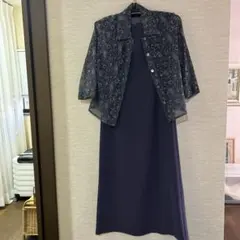 ネイビー タイトドレス 花柄シースルー上着