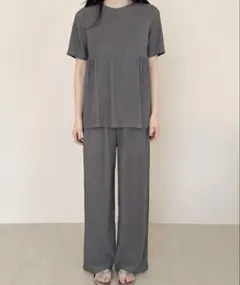 【セットアップ】半袖切り替えトップス+ロングパンツ ルームウェア上下2点セットのサムネイル