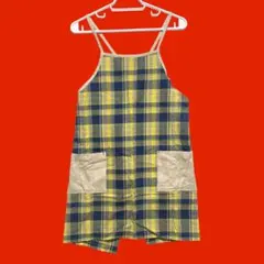 Pea Pod チェック柄紐エプロン　イエロー×ブルー　ポケット付き