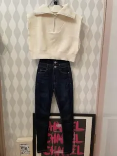 5G ZIPニットベスト+バンドカラー　アイボリー