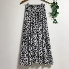 黒 花柄 フレアスカート ロングスカート ナチュラル ブラック