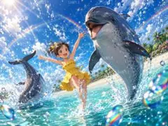 イルカと少女が青い海で跳ねる虹と水しぶきの鮮やかなアニメ風イラスト d28