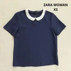 ZARA WOMAN 半袖ブラウス ネイビー XS 丸襟 ビジューのサムネイル