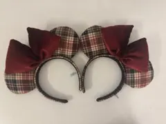 ディズニー　カチューシャ　チェック柄　赤いリボン　ペア　秋冬