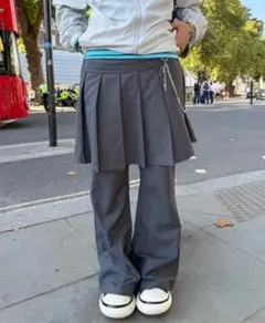 スカート付きスタッズレイヤードスラックス レイヤードスカート チャコール L