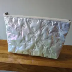 ハンドメイド　セリア圧縮キルト　ファスナーポーチ　リボン　オーロラ