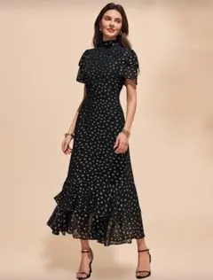 フリル付きドット柄ミディドレス