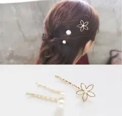 パールと花柄 3セット ヘアピン ゴールド