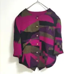 ノーカラージャケット　七分袖　黒✕紫系　肩パッド　日本製　9AR