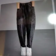 裏起毛 ブラック デニム Lサイズ サルエルパンツ コクーン