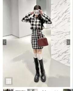 チェック柄カーディガン×キャミソールミニワンピースニットセットアップ
