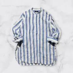 リネン100【MACPHEE】ストライプ バンドカラー プルオーバー　ゆったりのサムネイル