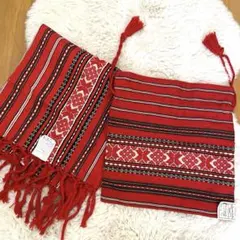 タグ付◆レア　ルーマニア　手織り　テーブルクロス＆巾着セット ヴィンテージ　赤